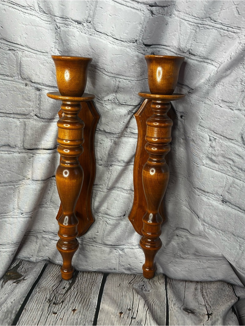 Set of 2 VTG MCM‎ 60's Turned Wood Wall Candle Holders Farmhouse Cottagecore GUC